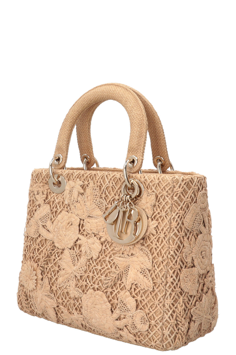 SAC LADY DIOR MEDIUM À FLEURS 3D EN RAFIA BEIGE CHRISTIAN DIOR