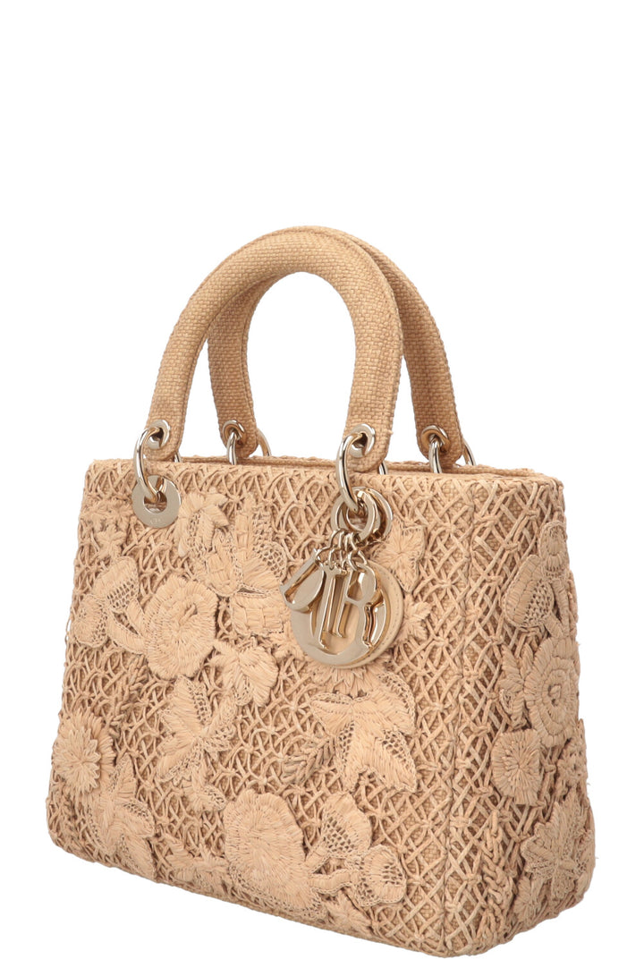 SAC LADY DIOR MEDIUM À FLEURS 3D EN RAFIA BEIGE CHRISTIAN DIOR