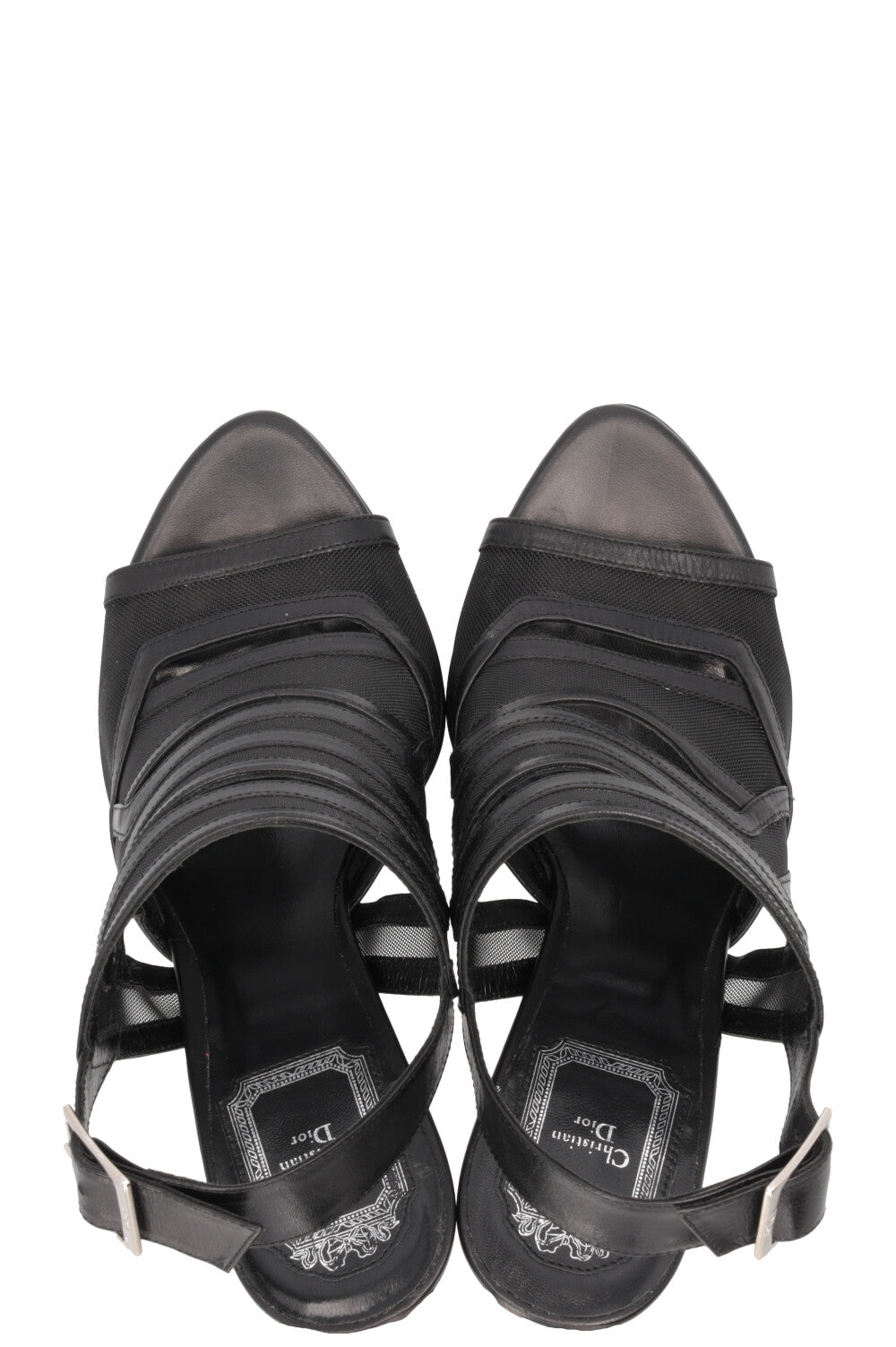 CHRISTIAN DIOR Slingback Sandals Mesh Leather Black