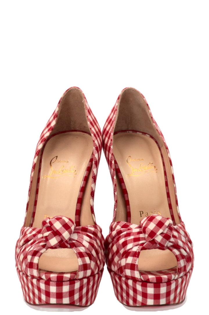 CHRISTIAN LOUBOUTIN Greissimo Platform Peep Toe Pumps Gingham Red White