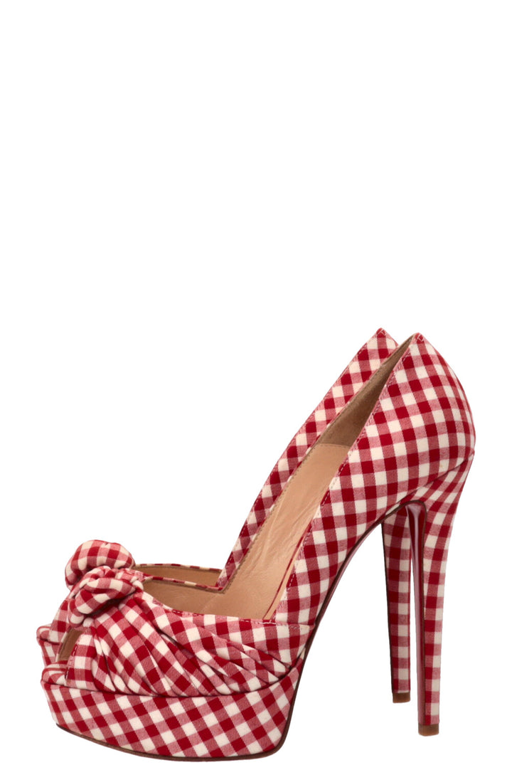 CHRISTIAN LOUBOUTIN Greissimo Platform Peep Toe Pumps Gingham Red White