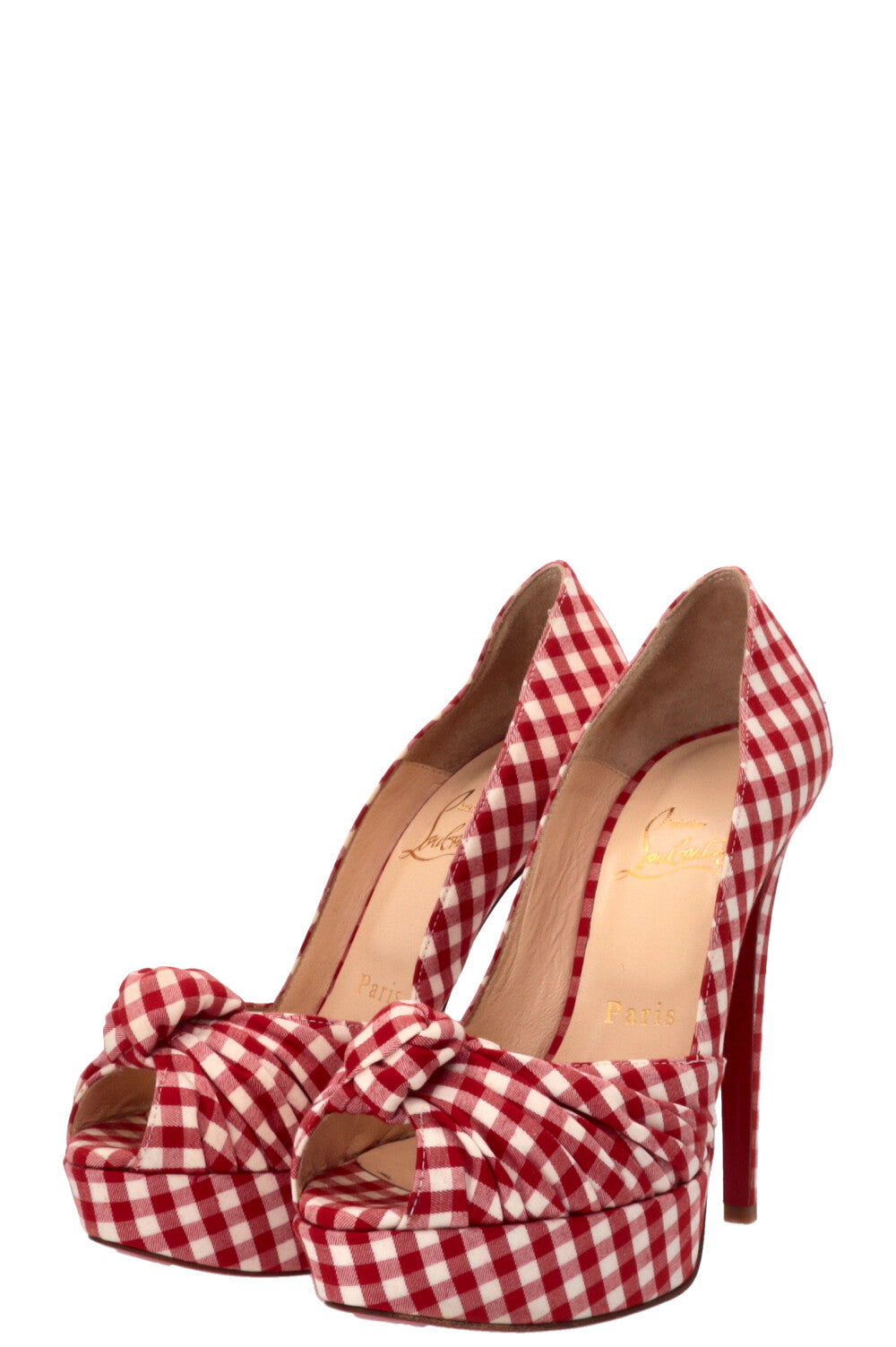 CHRISTIAN LOUBOUTIN Greissimo Platform Peep Toe Pumps Gingham Red White