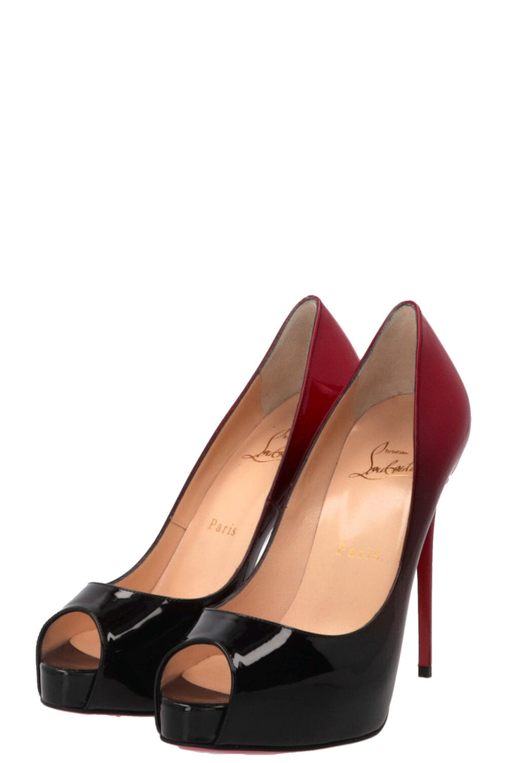 CHRISTIAN LOUBOUTIN New Very Prive Peep Plateau 120 Pump Patent Red Black
