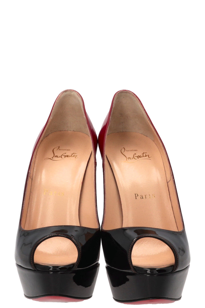 CHRISTIAN LOUBOUTIN Peep Toe Plateau Pumps Patent Black Red