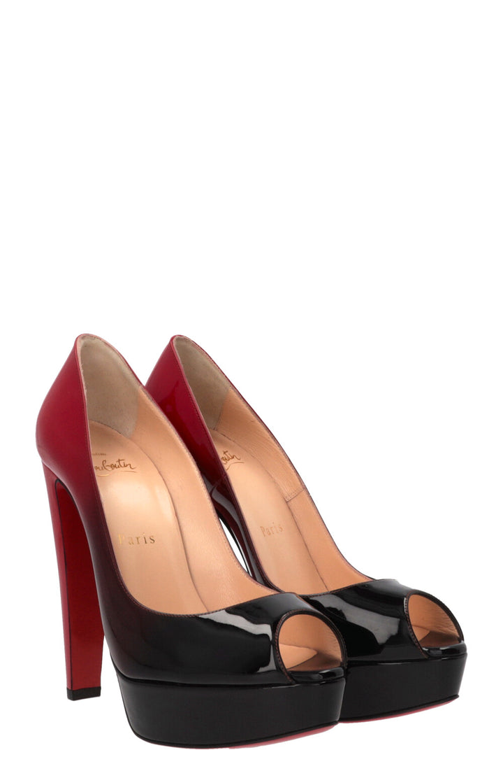 CHRISTIAN LOUBOUTIN Peep Toe Plateau Pumps Patent Black Red