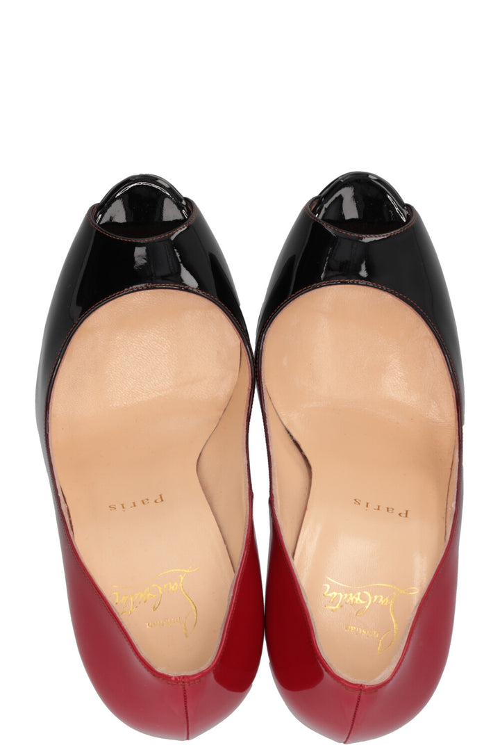 CHRISTIAN LOUBOUTIN Peep Toe Plateau Pumps Patent Black Red