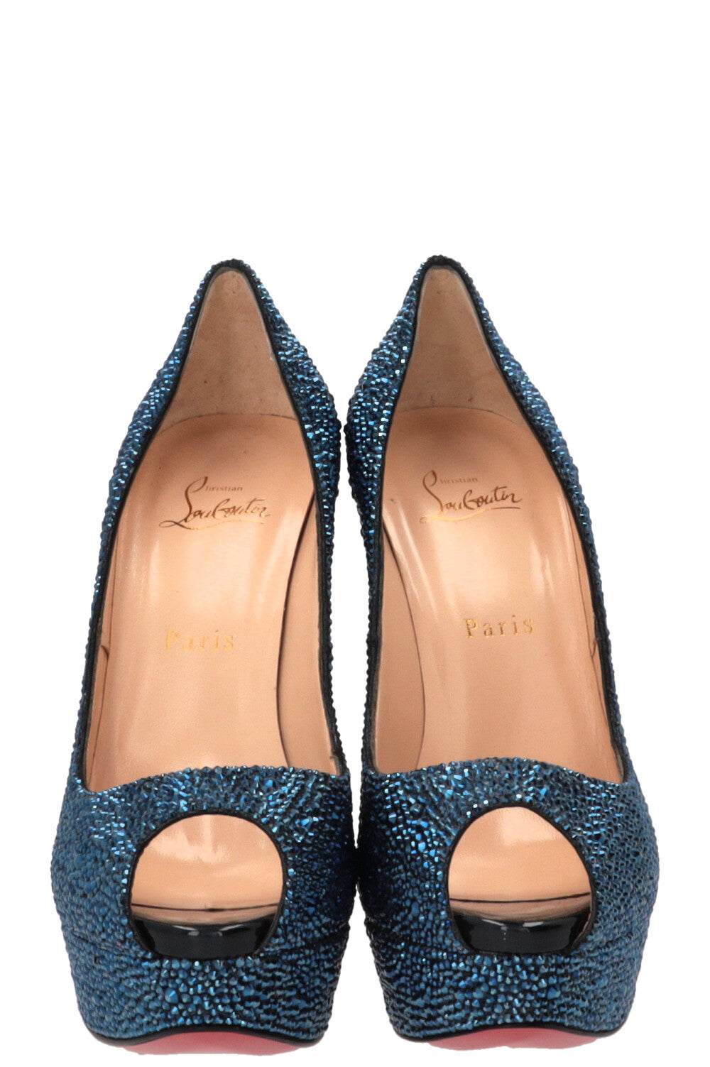 CHRISTIAN LOUBOUTIN Peep Toe Plateau Pumps Strass Blue