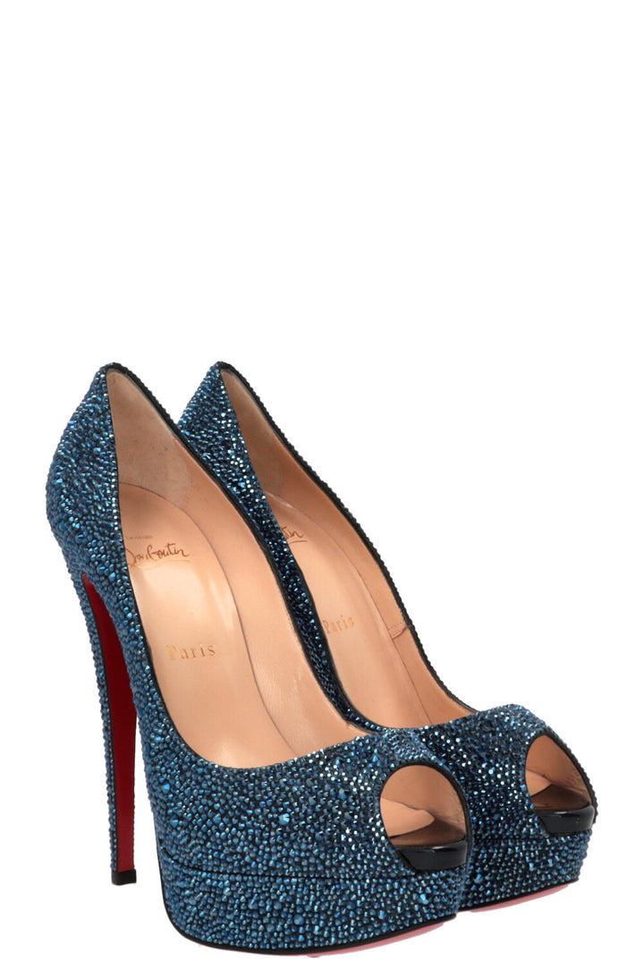CHRISTIAN LOUBOUTIN Peep Toe Plateau Pumps Strass Blue