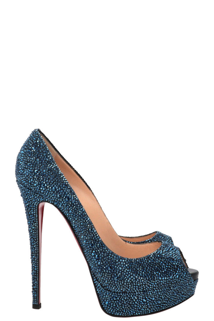 CHRISTIAN LOUBOUTIN Peep Toe Plateau Pumps Strass Blue