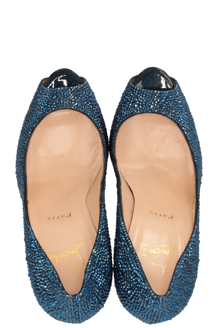 CHRISTIAN LOUBOUTIN Peep Toe Plateau Pumps Strass Blue