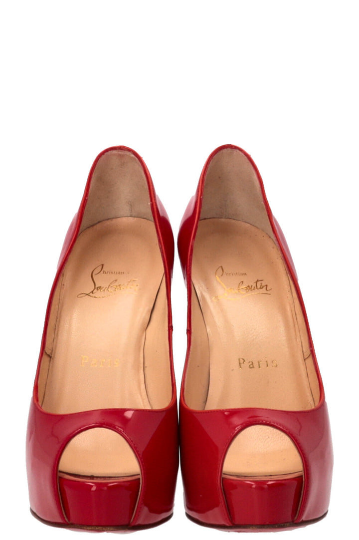 CHRISTIAN LOUBOUTIN Very Prive Peep Toe Platform Patent Leather Red