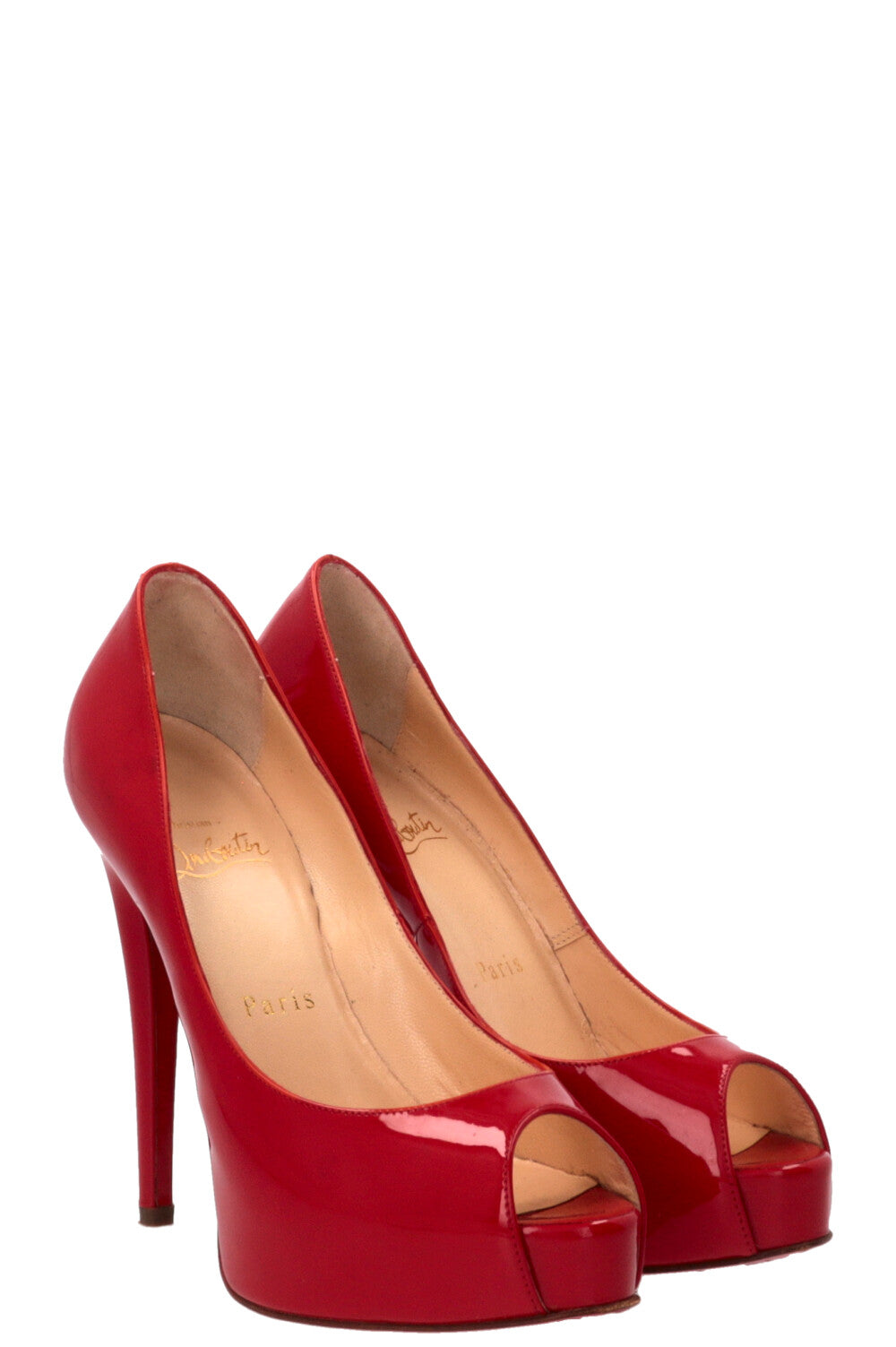 CHRISTIAN LOUBOUTIN Very Prive Peep Toe Platform Patent Leather Red