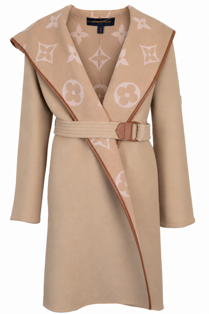 Manteau portefeuille à capuche réversible et ceinturé en laine beige LOUIS VUITTON
