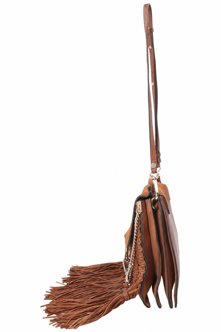 CHLOÉ Macramé Faye Crossbody Bag Suede Cognac