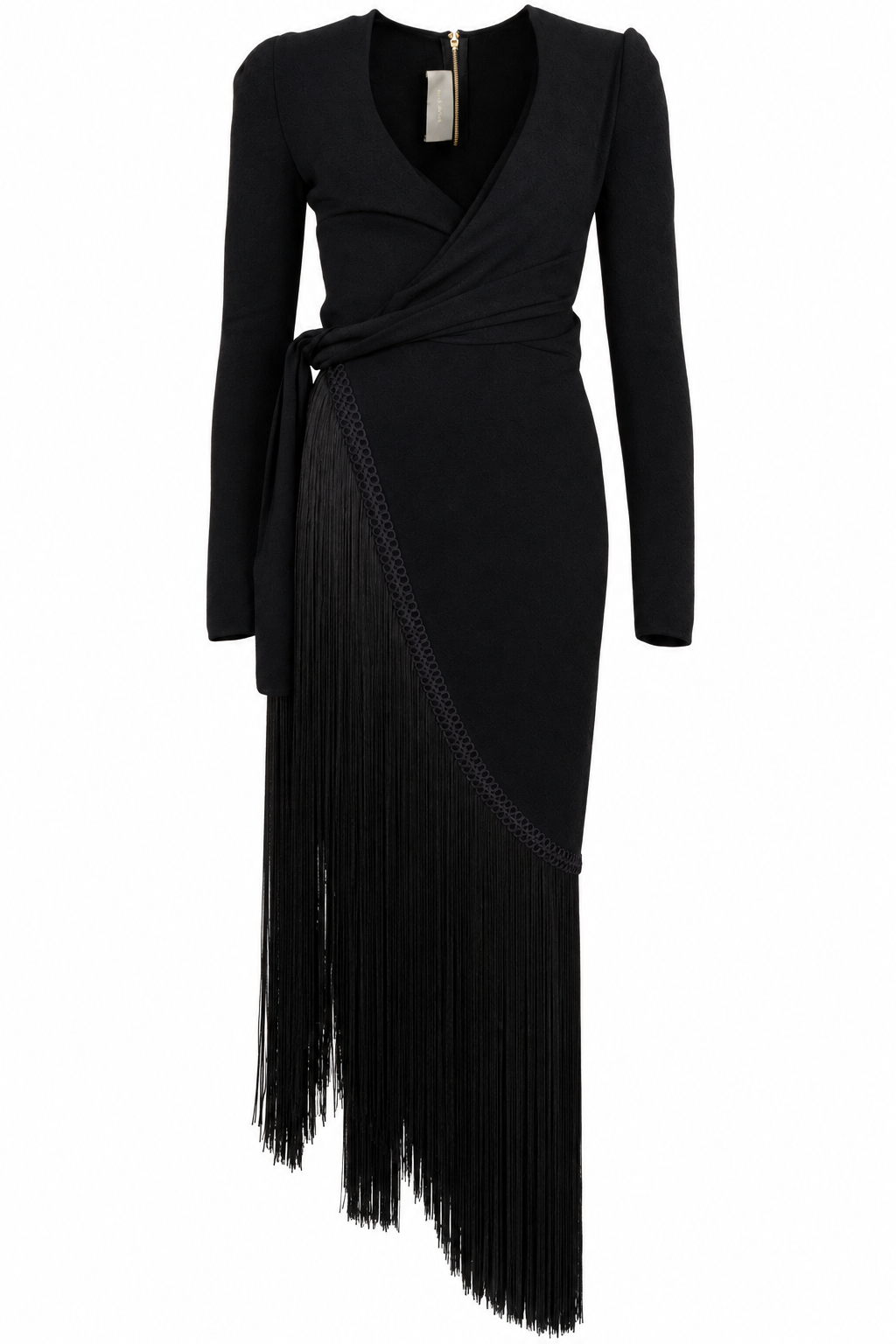 ELIE SAAB Fringed Shawl Long Sleeve Dress Black