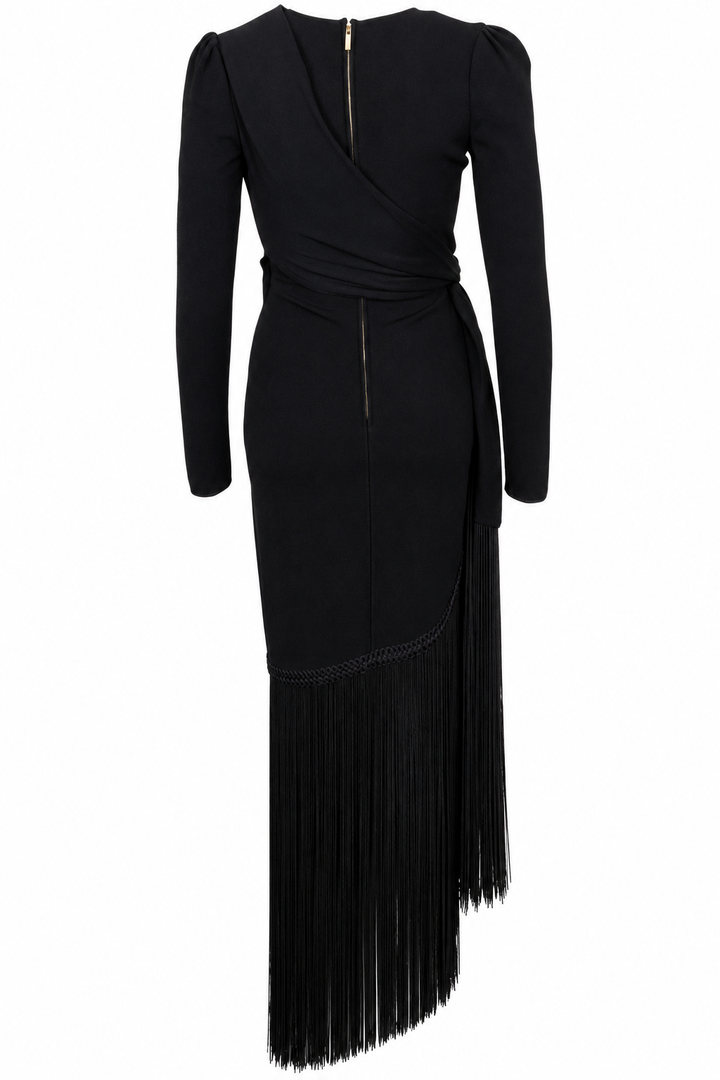 ELIE SAAB Fringed Shawl Long Sleeve Dress Black