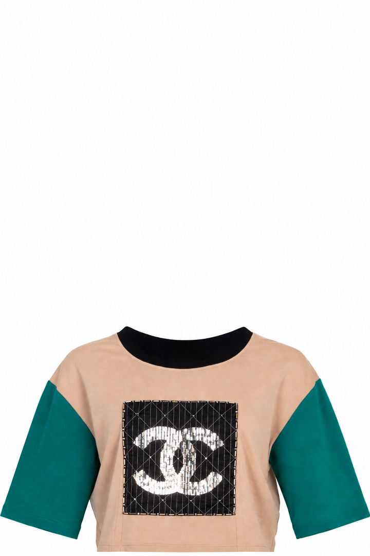 CHANEL Top à Manches Courtes en Laine Nude à Sequins CC
