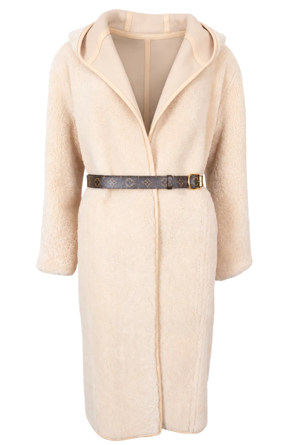 LOUIS VUITTON Manteau réversible ceinturé en peau lainée beige