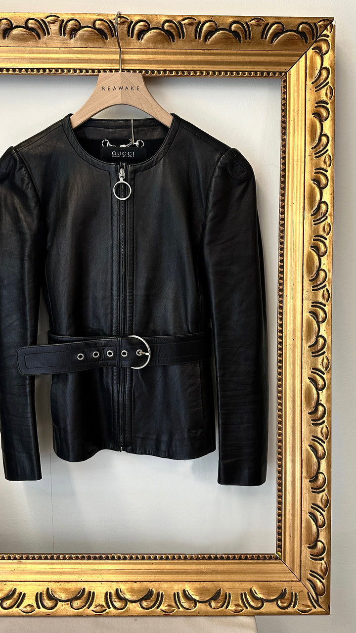 GUCCI Belted Leather Jacket Black