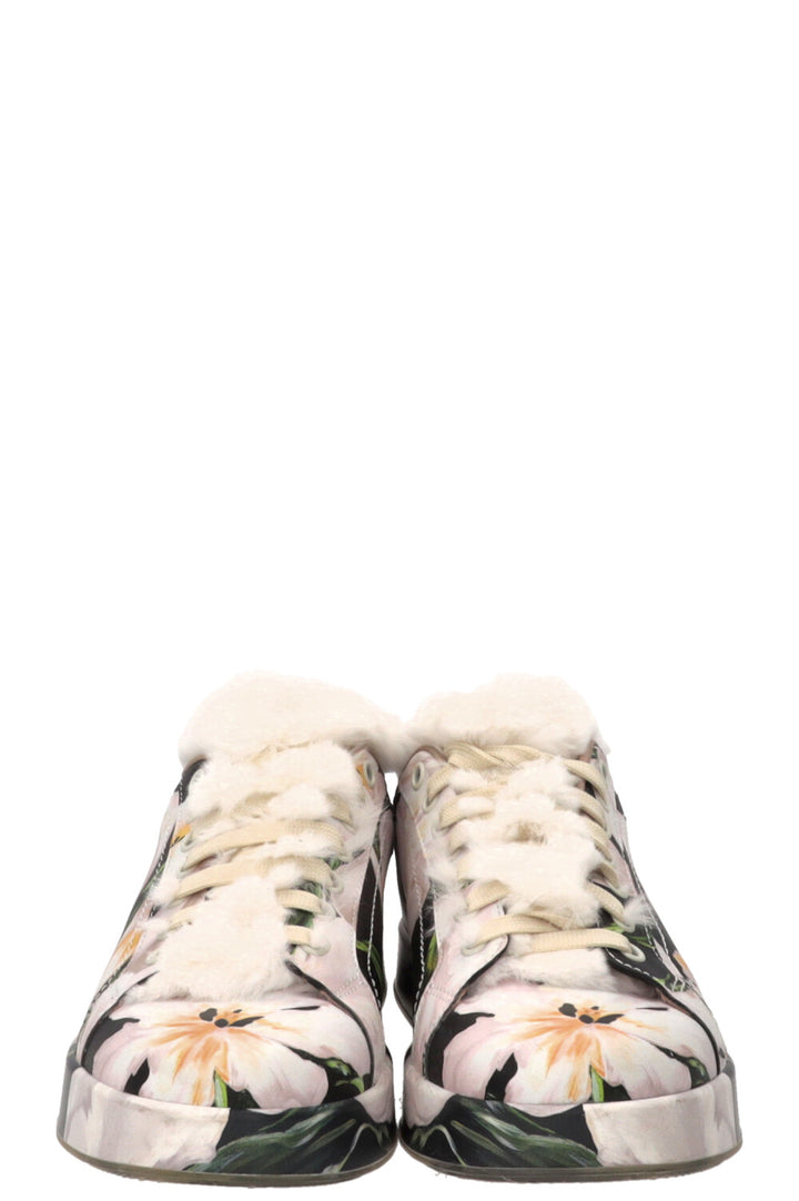 DOLCE & GABBANA Floral Print Fur Sneakers Leather Pink