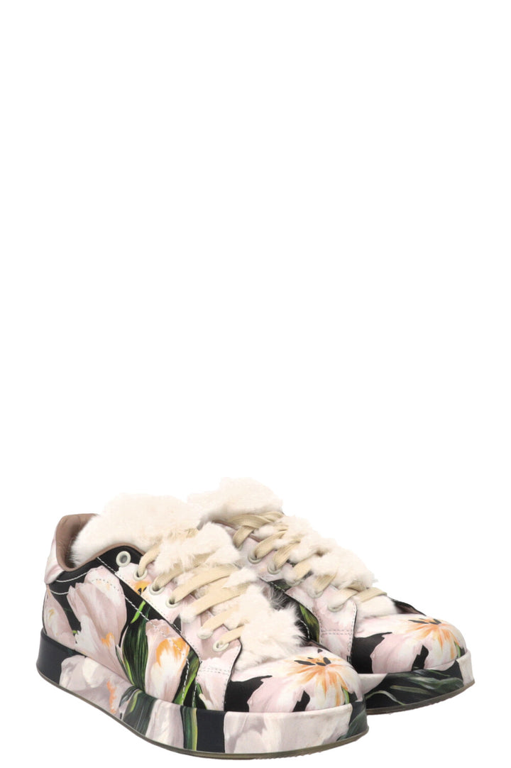 DOLCE & GABBANA Floral Print Fur Sneakers Leather Pink