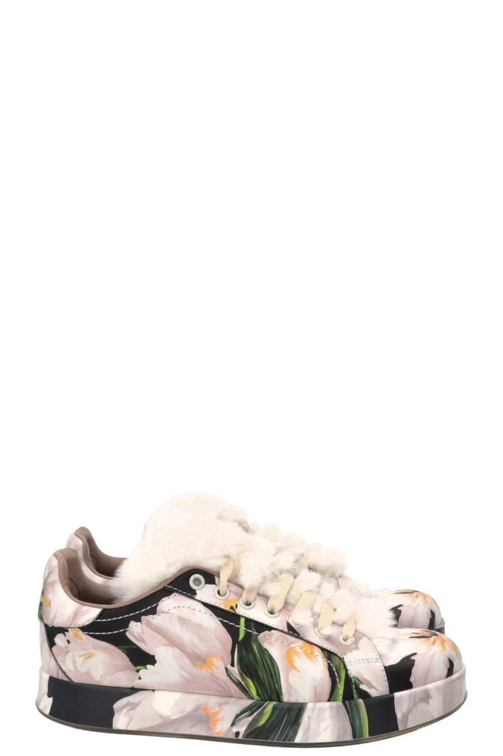 DOLCE & GABBANA Floral Print Fur Sneakers Leather Pink
