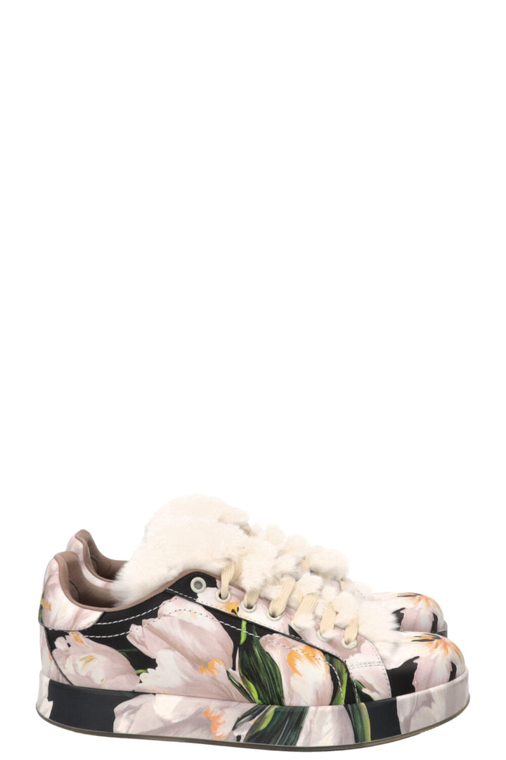 DOLCE & GABBANA Floral Print Fur Sneakers Leather Pink