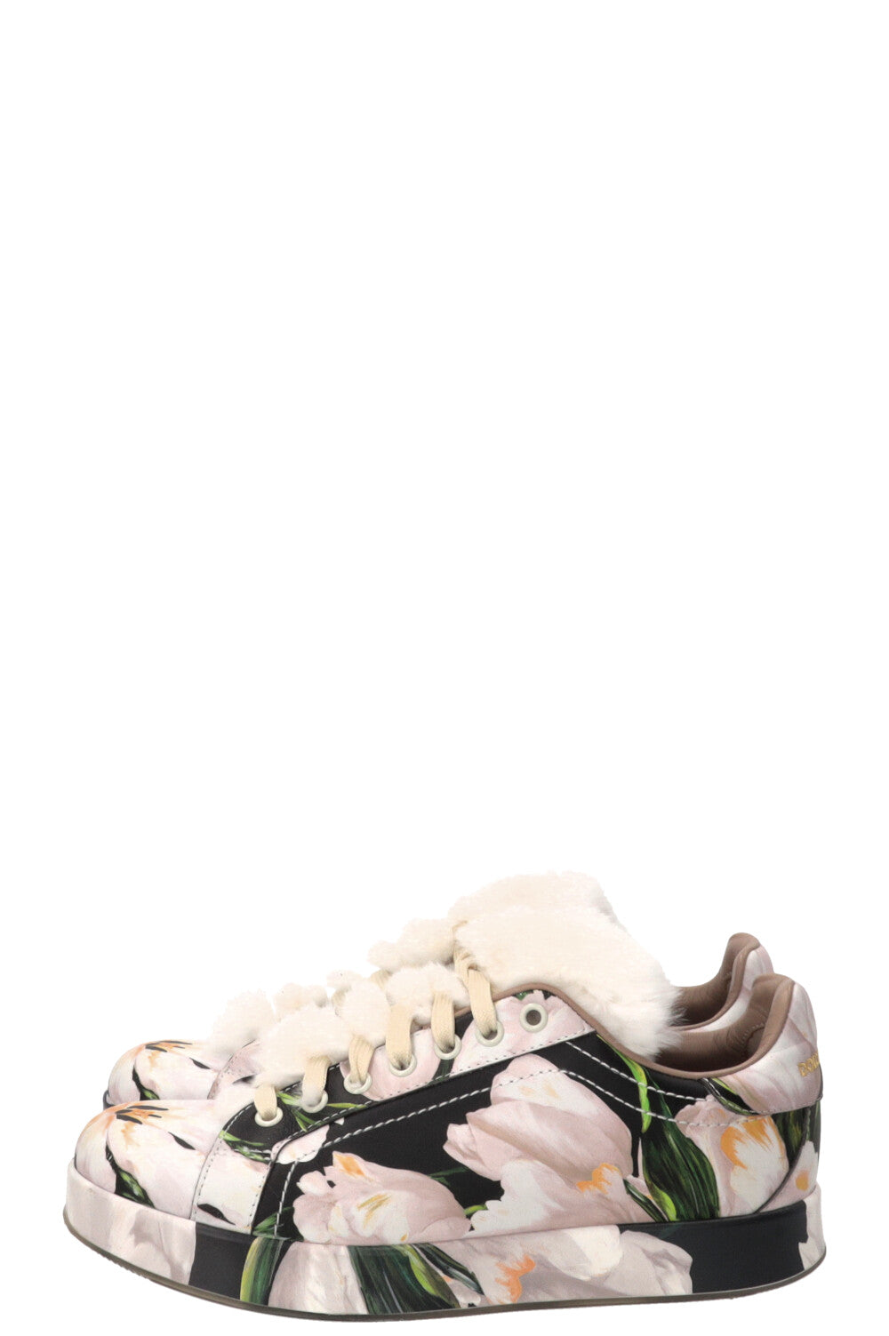 DOLCE & GABBANA Floral Print Fur Sneakers Leather Pink