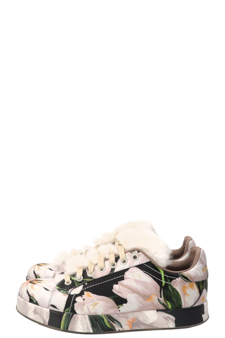 DOLCE & GABBANA Floral Print Fur Sneakers Leather Pink