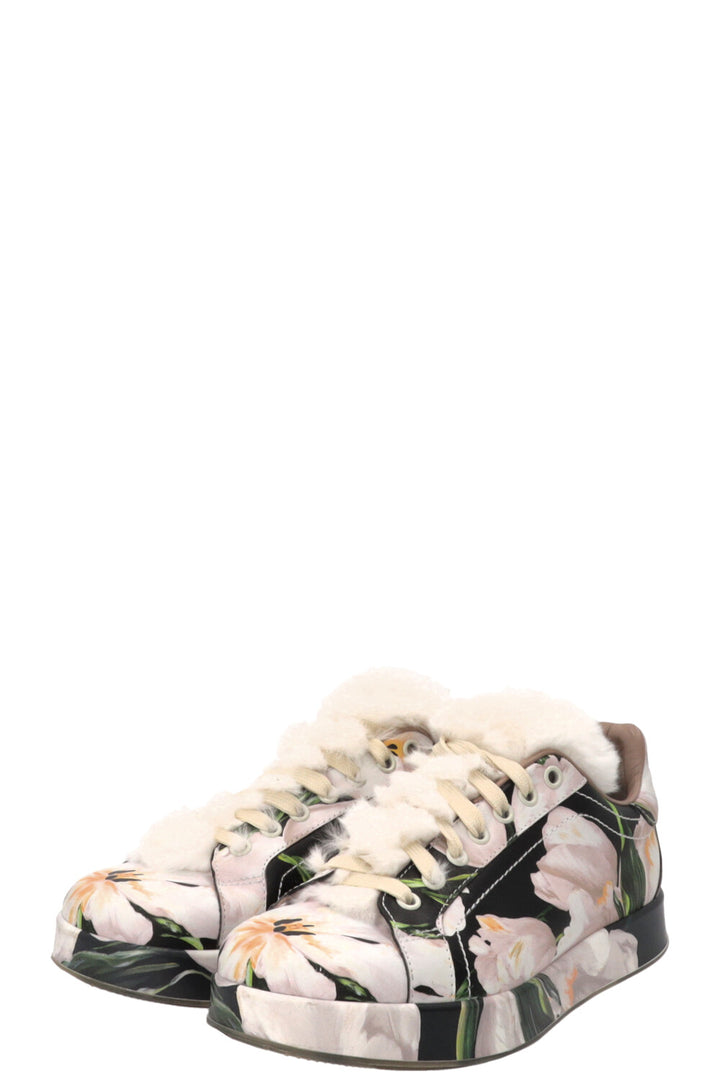 DOLCE & GABBANA Floral Print Fur Sneakers Leather Pink