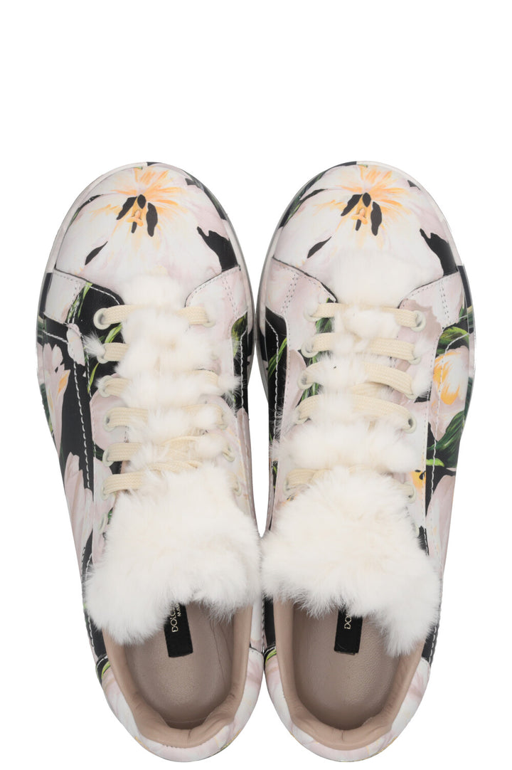 DOLCE & GABBANA Floral Print Fur Sneakers Leather Pink