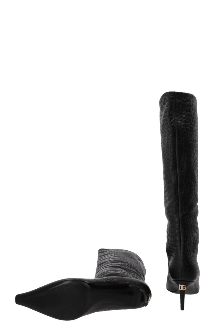 DOLCE & GABBANA Knee-High Boots Croco Embossed Black
