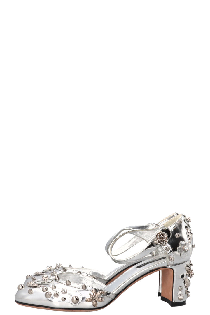DOLCE&GABBANA Spiked Crystal Heels Leather Silver