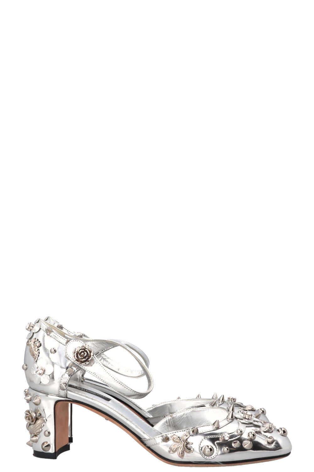 DOLCE&GABBANA Spiked Crystal Heels Leather Silver