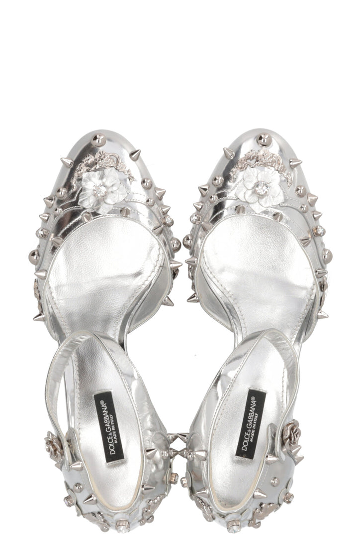 DOLCE&GABBANA Spiked Crystal Heels Leather Silver
