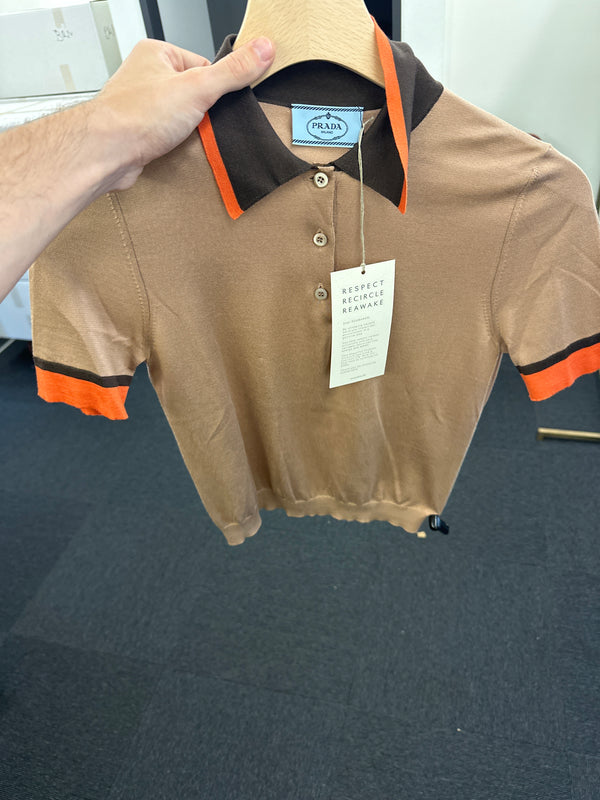 PRADA Contrast Seam Polo Beige Orange