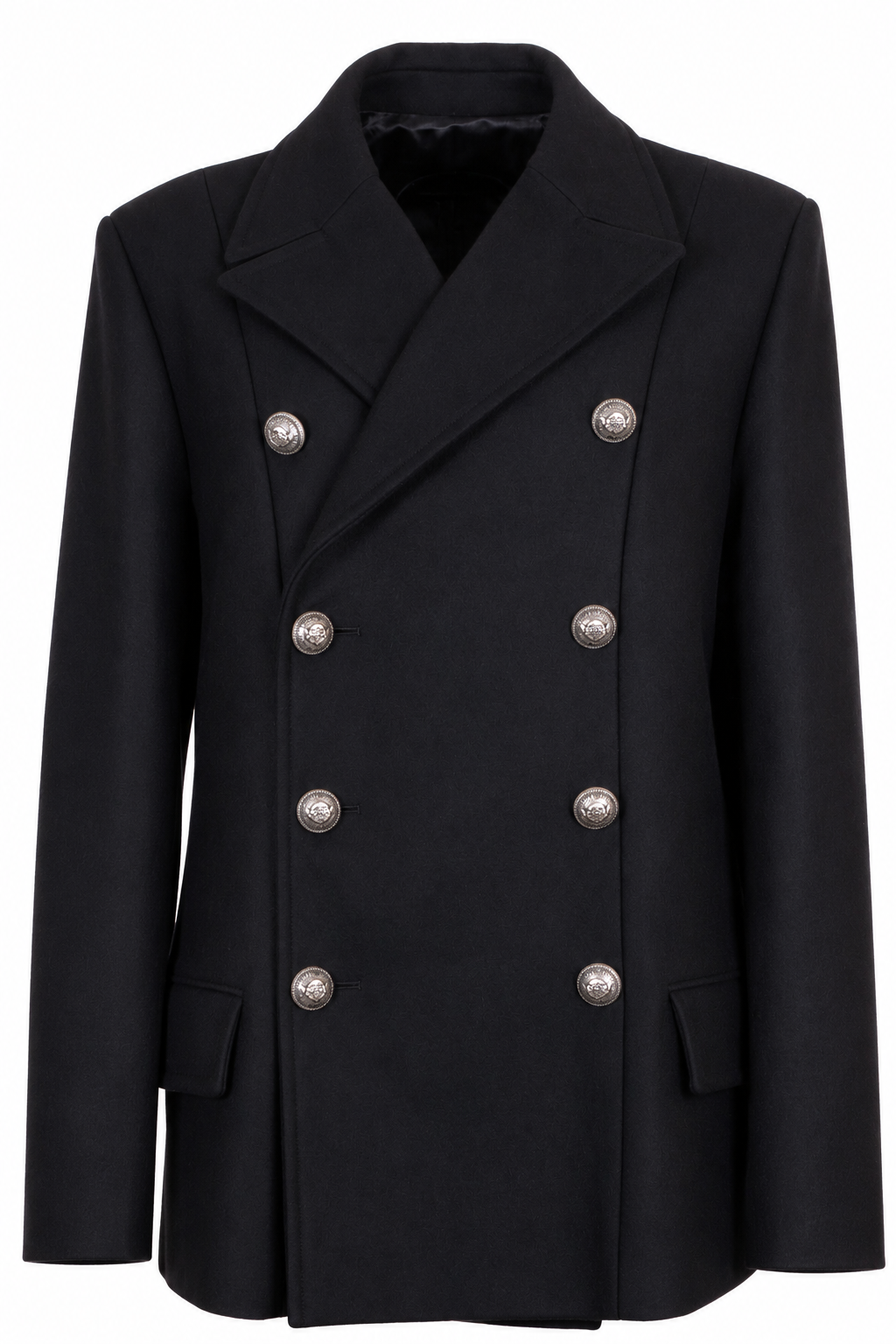 BALMAIN Double Breasted Peacoat Wool Black