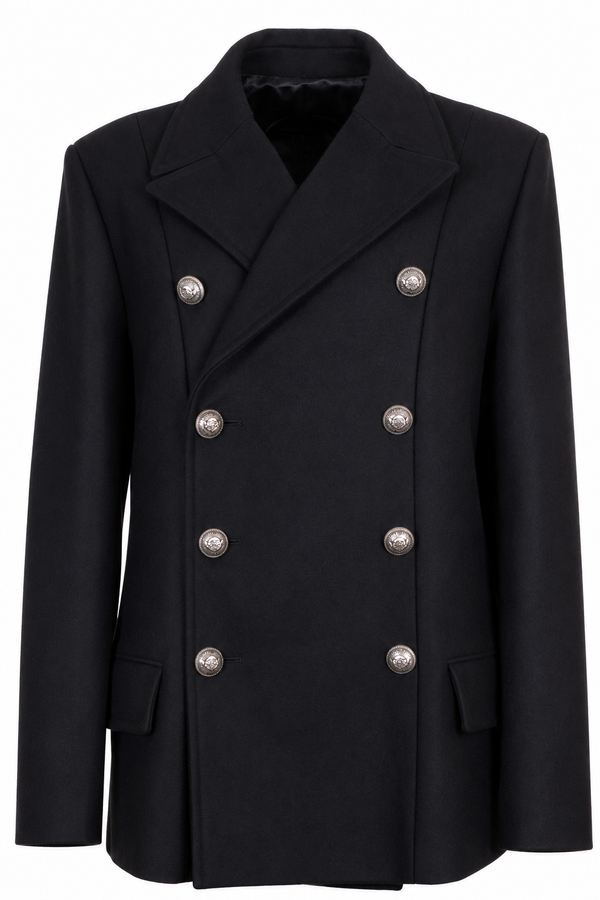 BALMAIN Double Breasted Peacoat Wool Black