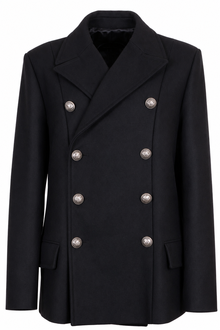 BALMAIN Double Breasted Peacoat Wool Black