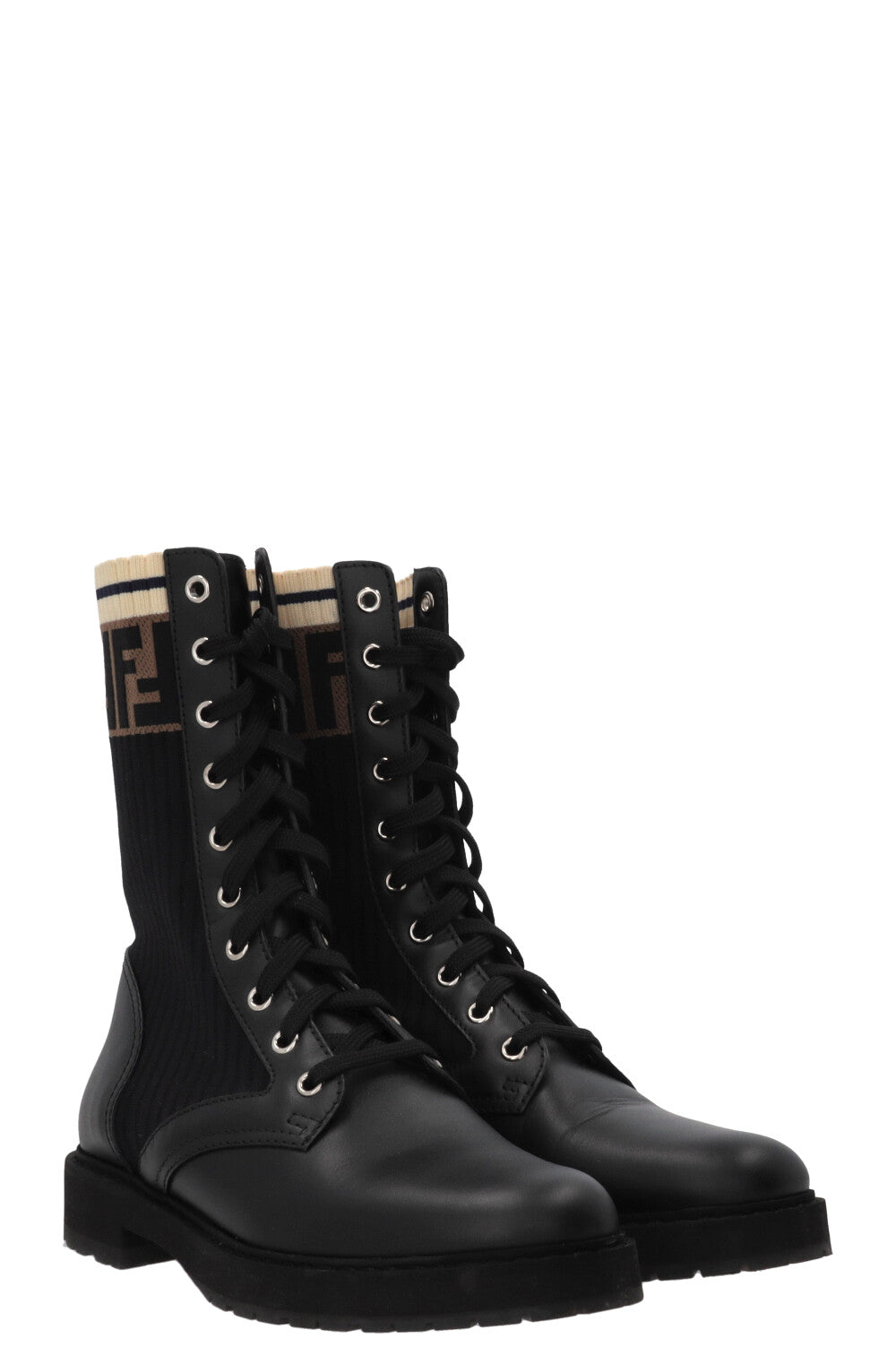 FENDI Rockoko Combat Boots en cuir noir