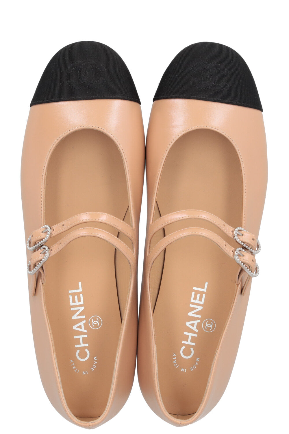 CHANEL Mary Jane Flats Leather Beige Black