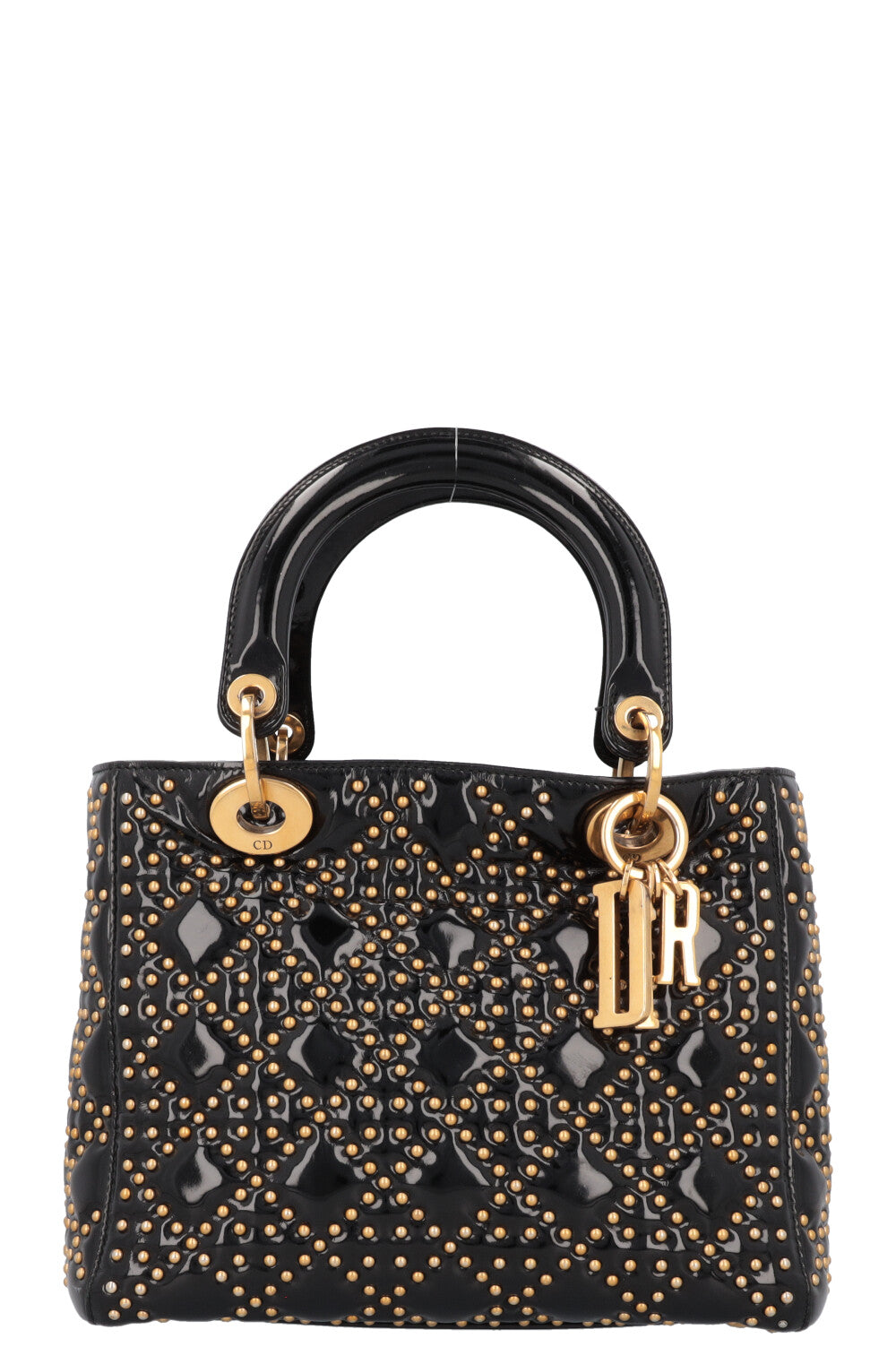 CHRISTIAN DIOR Medium Lady Dior Studded Patent Black Gold