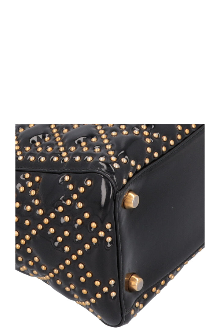 CHRISTIAN DIOR Medium Lady Dior Studded Patent Black Gold
