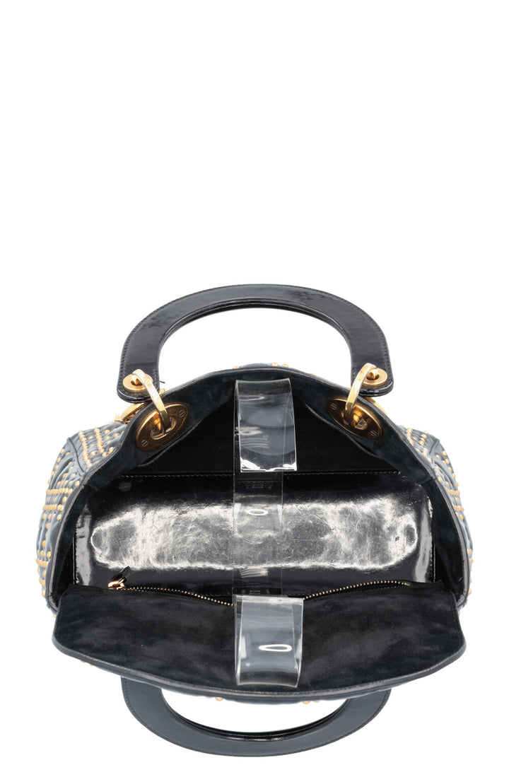 CHRISTIAN DIOR Medium Lady Dior Studded Patent Black Gold