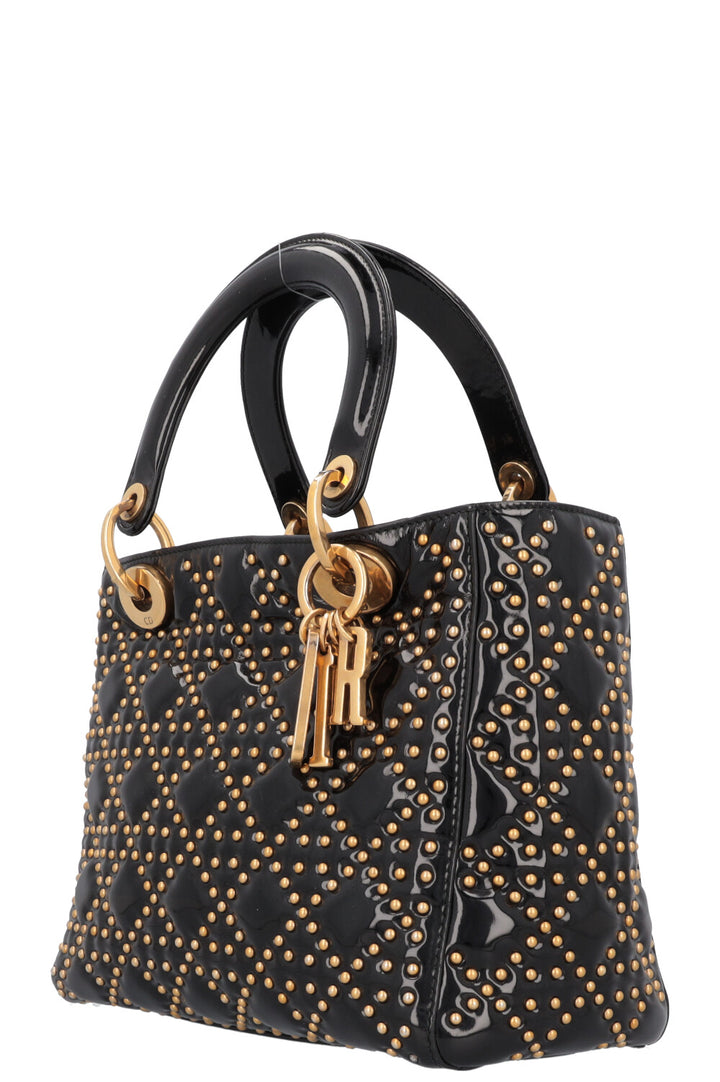 CHRISTIAN DIOR Medium Lady Dior Studded Patent Black Gold