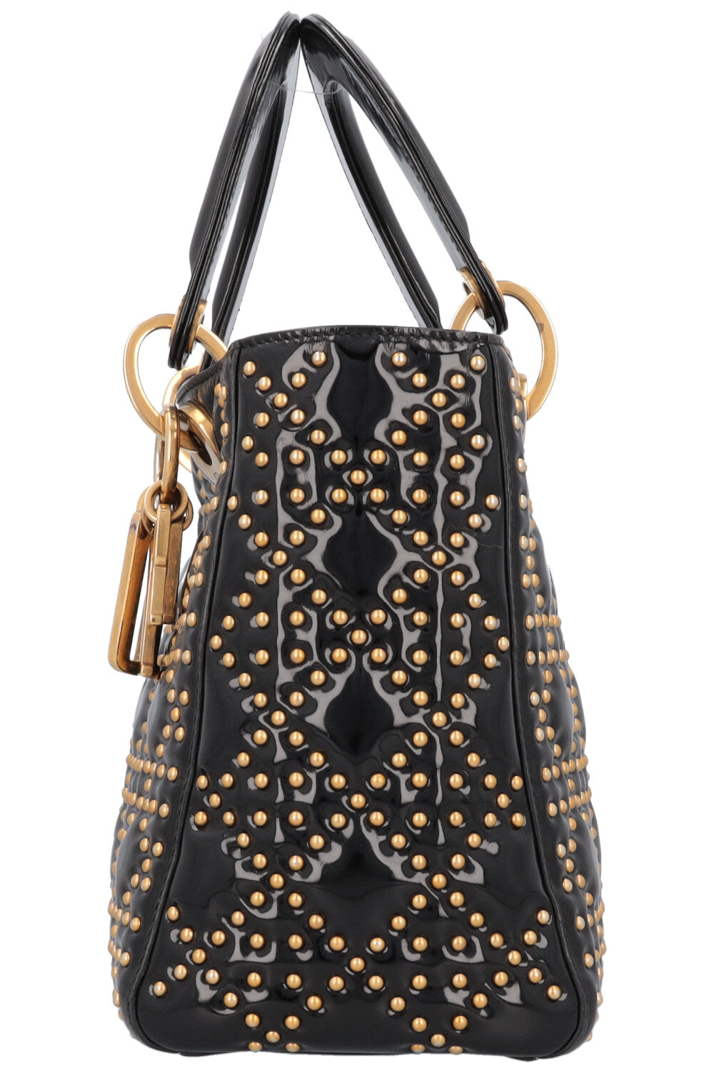CHRISTIAN DIOR Medium Lady Dior Studded Patent Black Gold REAWAKE