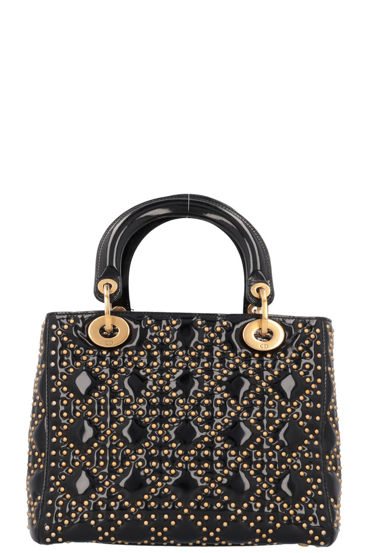 CHRISTIAN DIOR Medium Lady Dior Studded Patent Black Gold