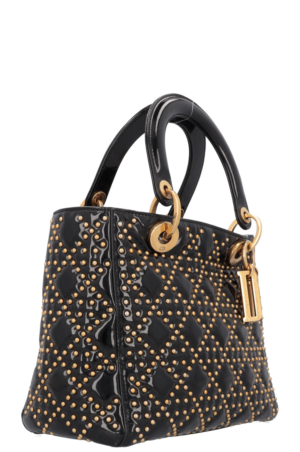 CHRISTIAN DIOR Medium Lady Dior Studded Patent Black Gold