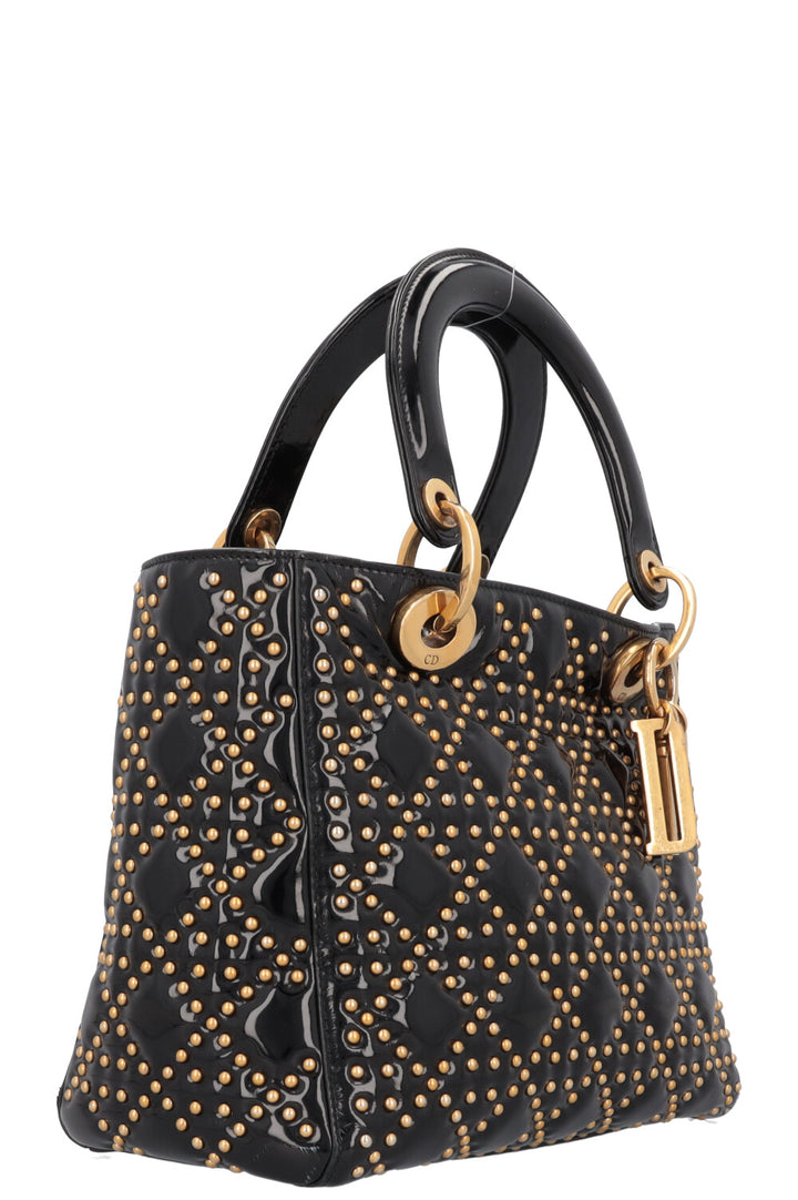 CHRISTIAN DIOR Medium Lady Dior Studded Patent Black Gold