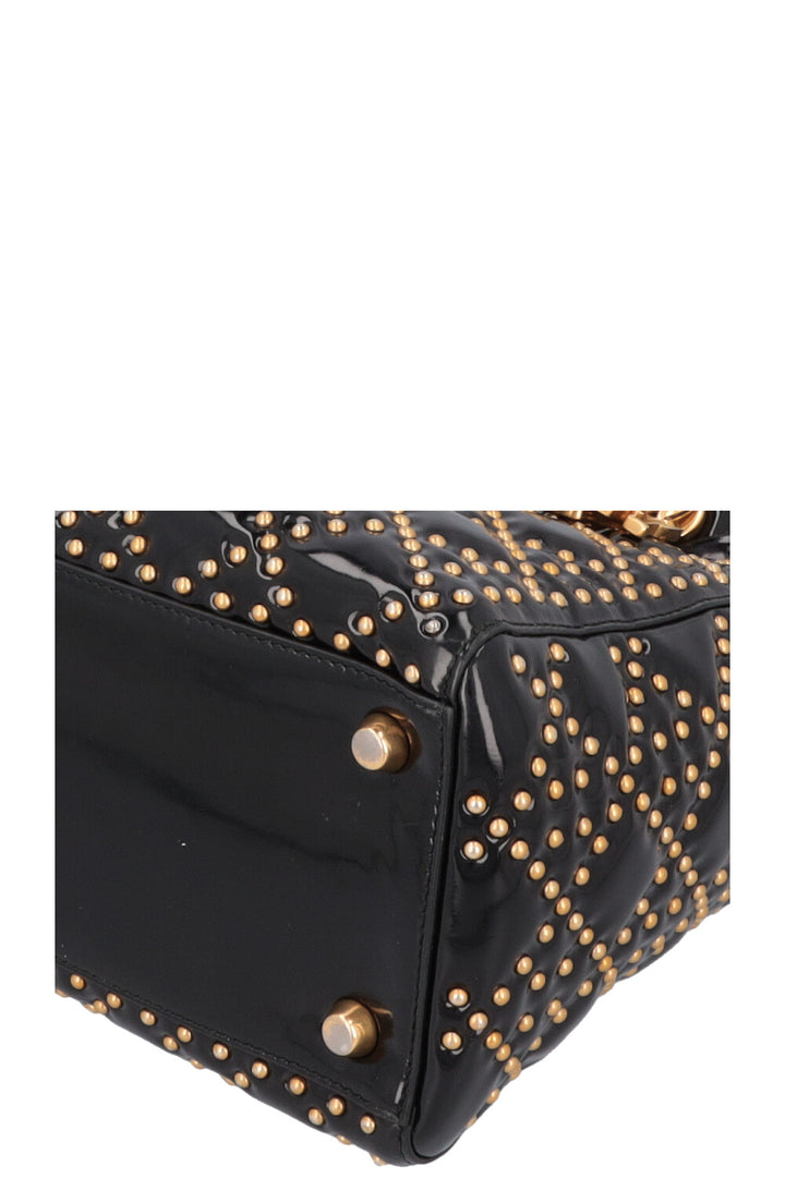CHRISTIAN DIOR Medium Lady Dior Studded Patent Black Gold